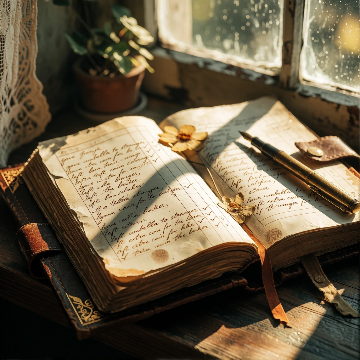 Capture a weathered leather-bound ledger lying open on a sunlit windowsill, its cream pages filled with handwritten entries in faded brown ink, each line noting a small act of kindness—"gave umbrella to stranger," "left extra coin for the baker"—reco