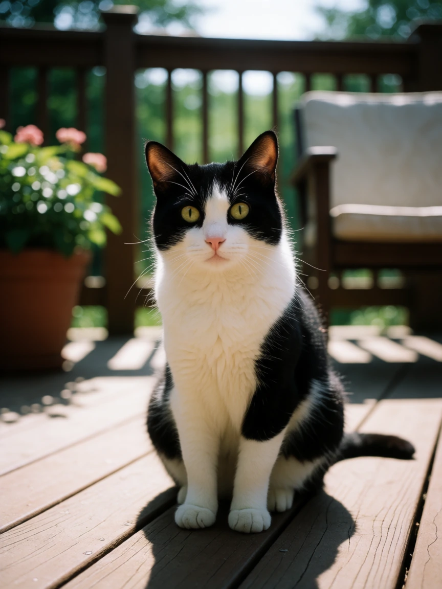 A cat on a back deck in the summer. Amateur photo Kodak style. Add flaws, not posed.