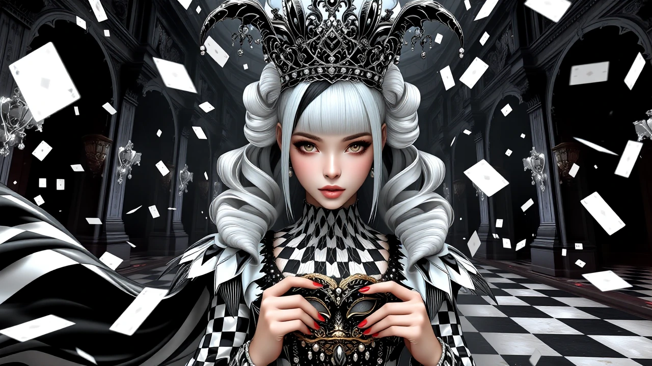 Masterpiece, ultra-detailed, semi-realistic NIJI anime illustration, enchanting Harlequin Queen in a dramatic black-and-white fantasy setting. Elegant