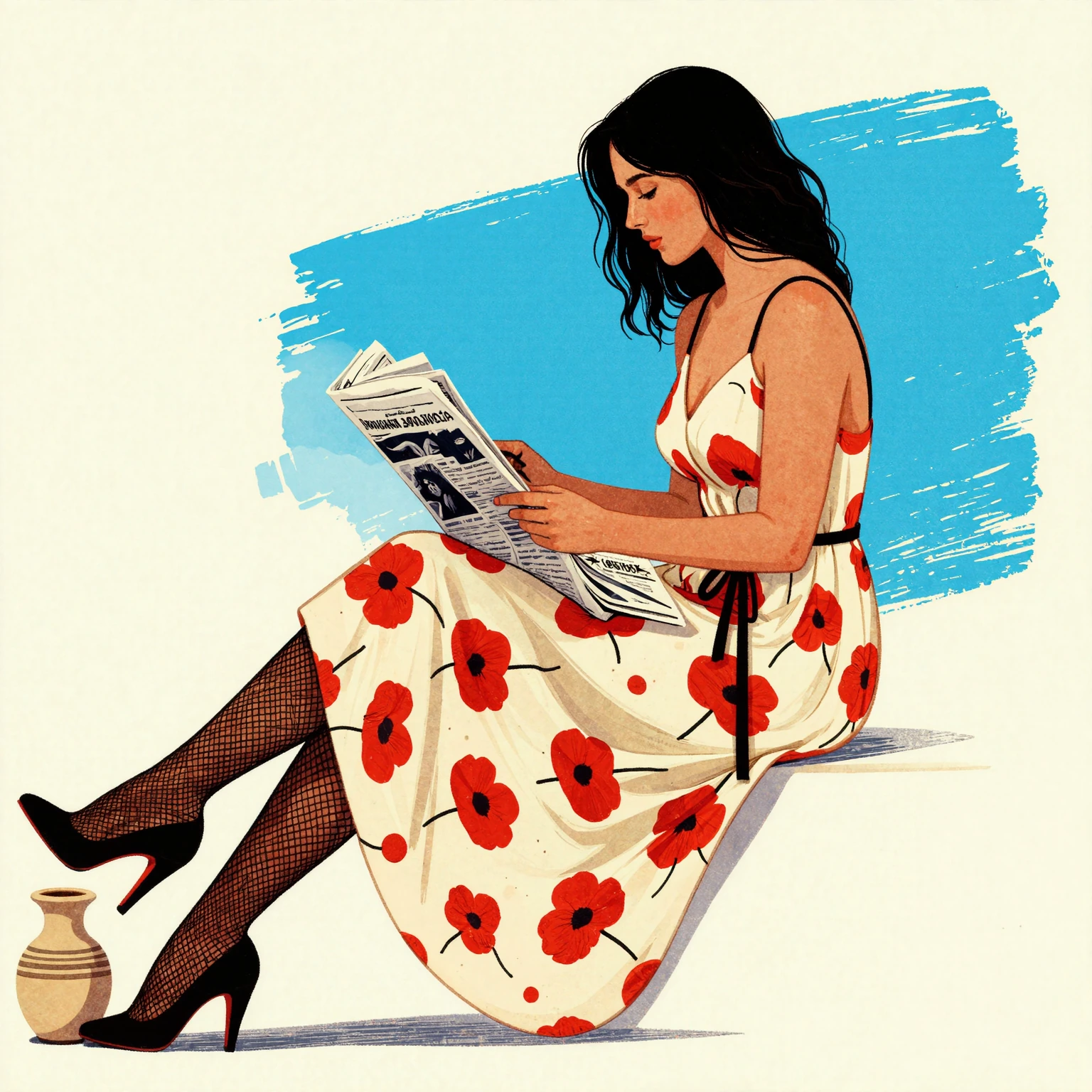 ROReid painted illustration shows a dark-haired woman in profile, seated and reading a newspaper, with areas of bright blue painted in behind her. The woman wears a cream-colored, floor-length dress with stylized red Poppy blossoms on it. The dressâ