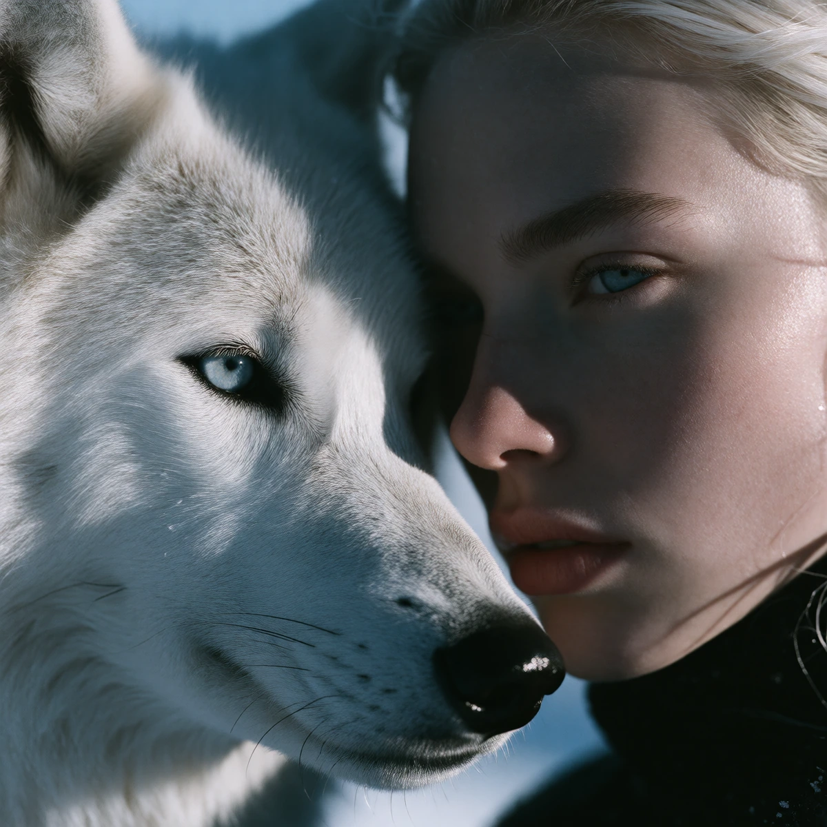 Albino woman and white wolf in extreme close-up, faces nearly touching, both with identical pale ice-blue eyes staring directly at camera with an uncanny mirror-image intensity. Shot with shallow depth of field so their intertwined profiles blur into