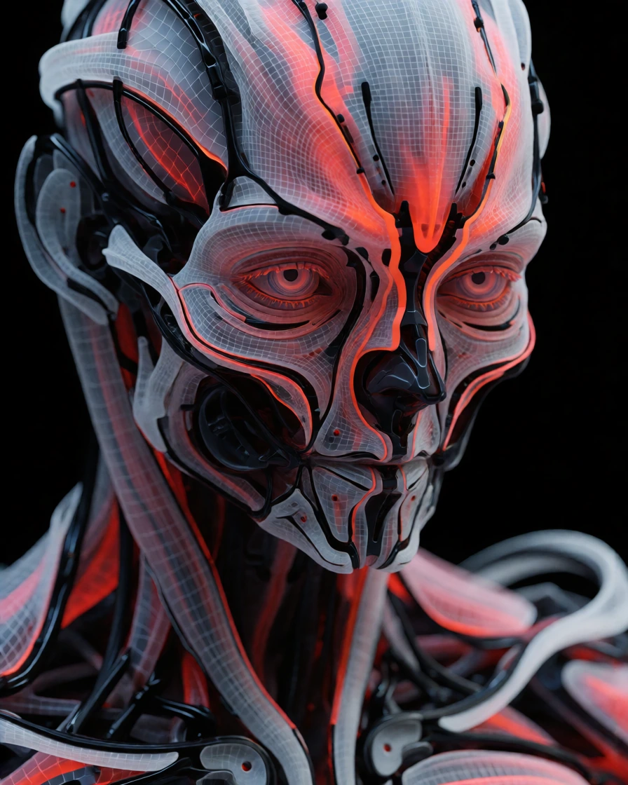 "A macro-photographic, hyper-maximalist visualization of a deconstructed synthetic anatomy, functioning as a visual manifestation of a cognitive shift and fluid kinetic energy. The core subject is an abstract, zero-gravity biomechanical armature comp