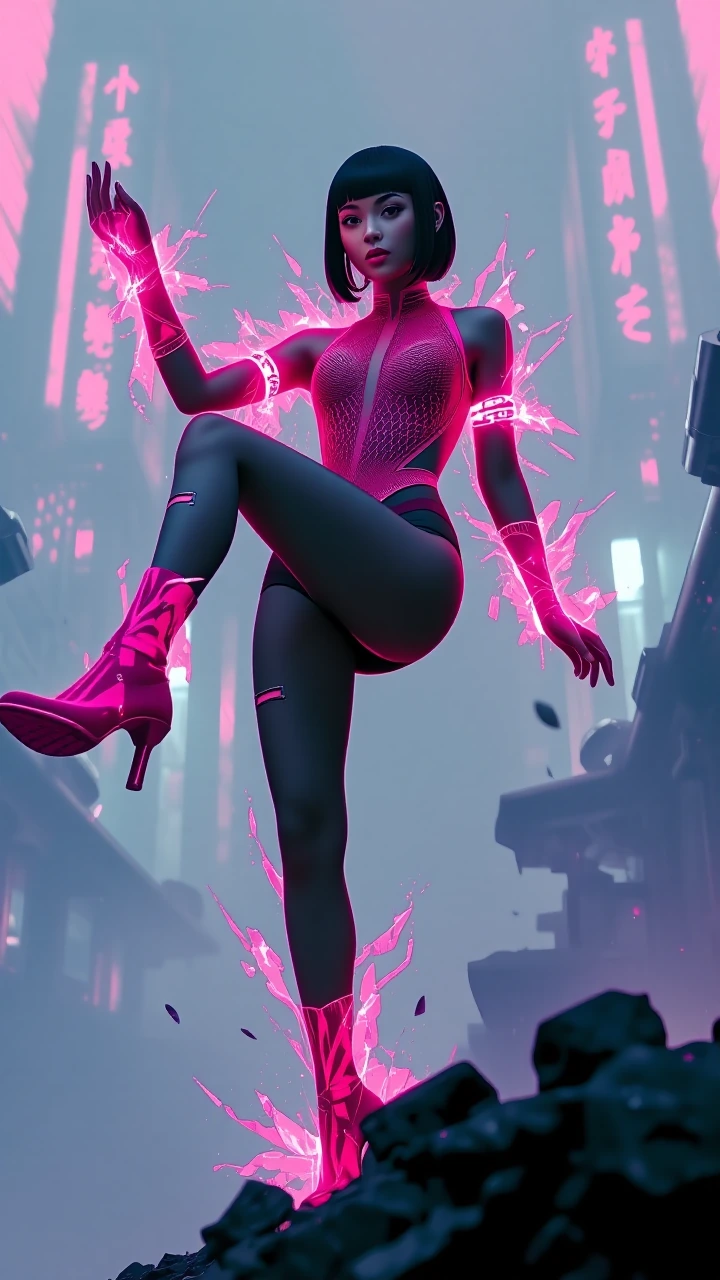 masterpiece, best quality, absurdres), cyberpunk neon pink, glitch art, wrong turn theme, starts as Swiss lady in sheer pink mesh bodysuit and highcut leotard, then swerves into corrupted motion blur, bodysuit tearing into light trails, one leg kicke