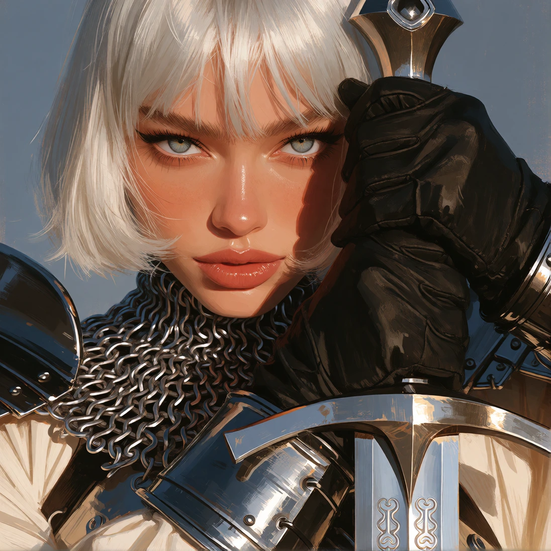 Anime-style illustration of a girl with short silver-white hair and piercing blue eyes, sharp eyeliner framing her intense gaze as she looks directly 