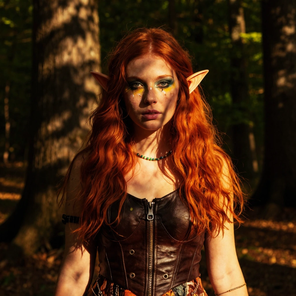 A young woman with long, fiery red hair stands in a sun-dappled forest clearing, her face partially shadowed by the dapples of golden light filtering through dense green foliage overhead. She wears pointed elf ears pinkish-orange on one side and ha