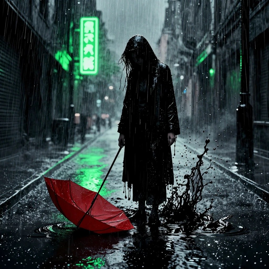 A hyper-realistic cinematic close-up of a solitary figure, standing at midnight in a desolate, flooded city street, head bowed. A torrential downpour 