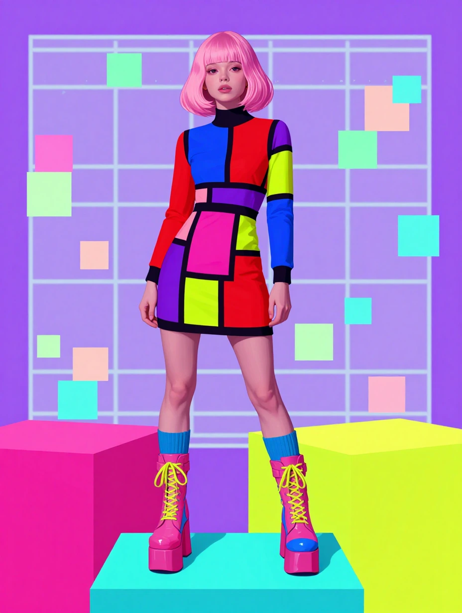 # Neon Digital Fashion A striking kawaii themed woman stands on vibrant, blocky platforms rendered in hot pink, lime green, cyan, and yellow. She wears a bold geometric dress featuring color-blocked sections—red, blue, purple, magenta, and lime—outli