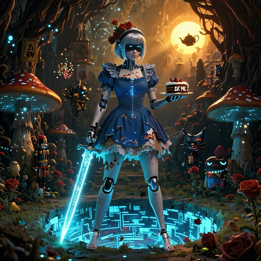 A breathtaking fusion of 2B and Alice—a sleek android woman with porcelain-like synthetic skin and glowing blue circuitry, wearing a tattered, combat-