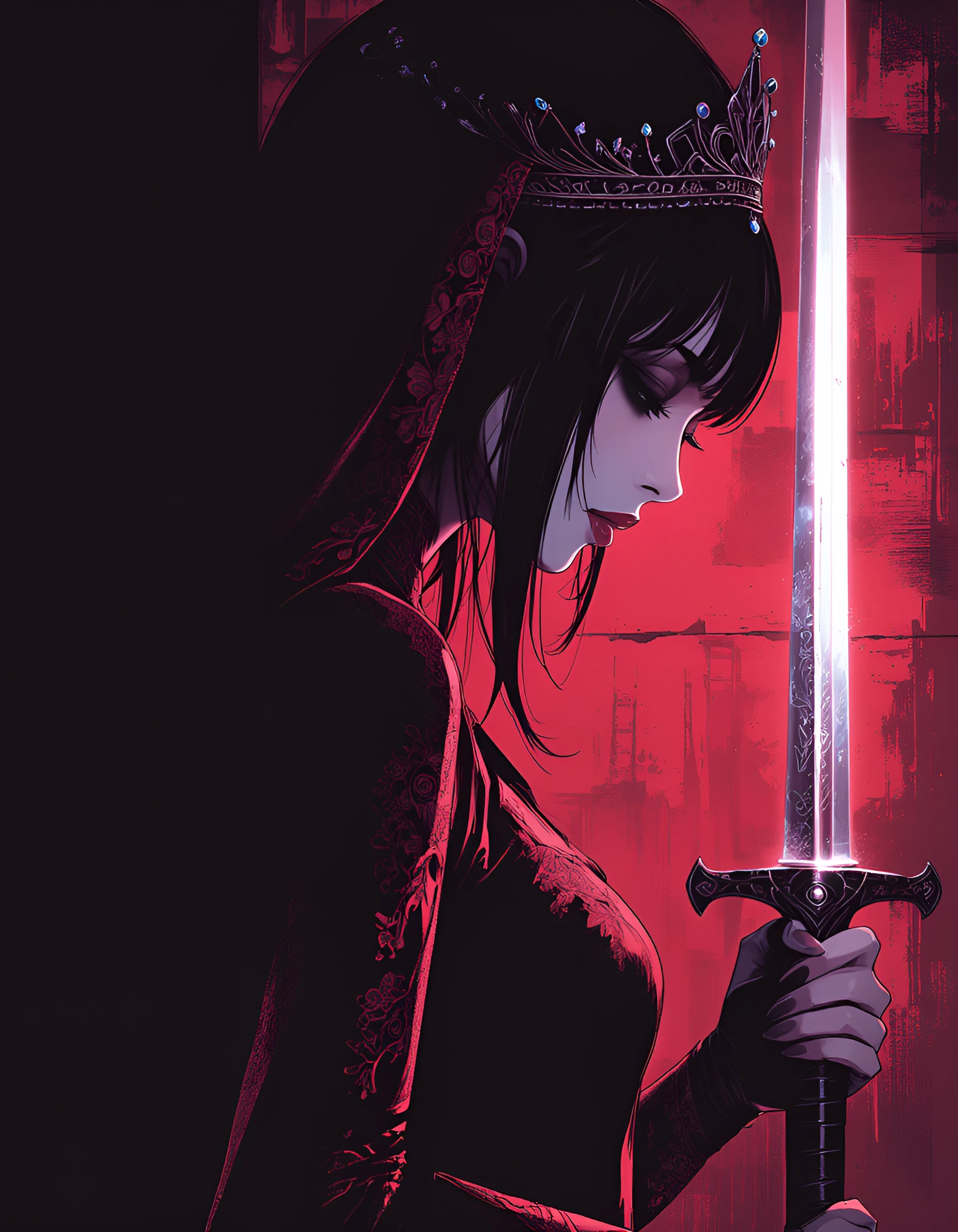 # A Royal Vision A pale figure in profile holds an ornate sword, embodying dark elegance. She wears a jeweled tiara adorned with sapphire stones atop 