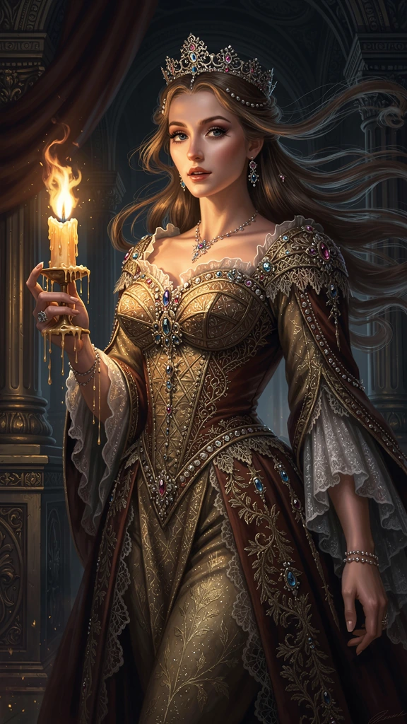 Create a high-resolution ultra-detailed portrait of a beautiful queen standing in a bold, dramatic pose, holding a candle. The candle has a hyper-real