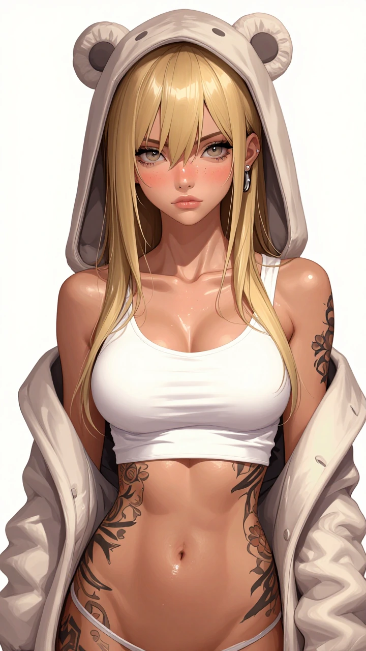 Highly detailed anime-style illustration of a tough-looking young woman, waist-up portrait centered on a clean white background, long blonde hair with darker roots flowing past shoulders, multiple ear piercings (rings and studs) with subtle metallic 