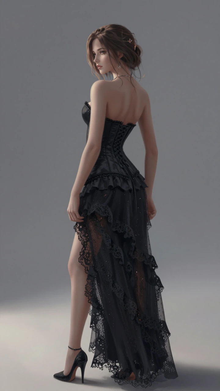 Classic studio portrait of a beautiful talk slender and voluptuous young woman in a rear three quarter full body pose, she wears a corseted black dress with a frilly skirt and black lace. She stands defiantly against a neutral grey background, sharp
