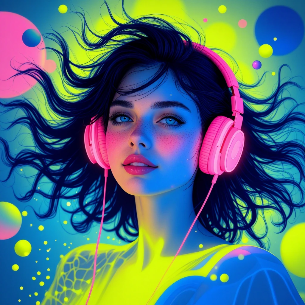 Capture a young woman with dark flowing hair and striking blue eyes, centered in the frame against a vibrant surreal dreamscape, wearing oversized neon pink headphones that glow softly against her skin. Her expression is blissful, eyes half-closed, l
