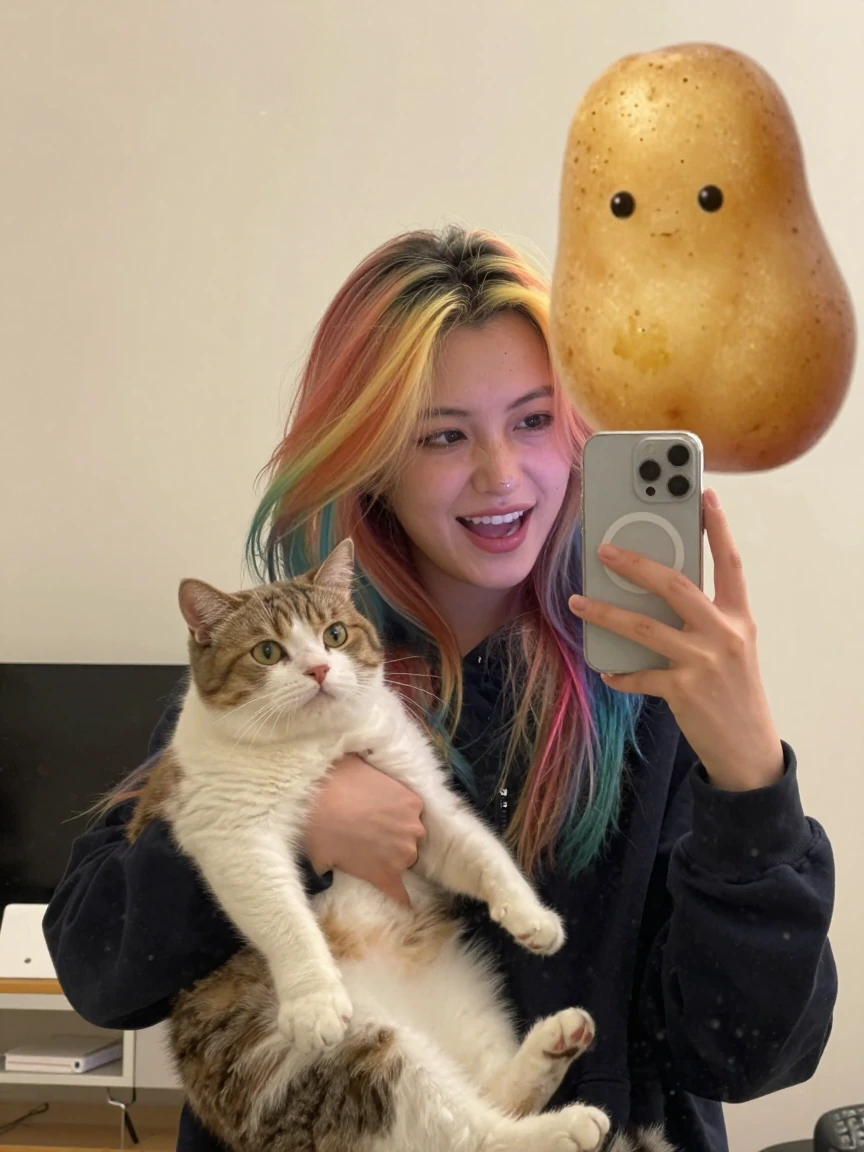 Crazy girlfriend, rainbow hair, taking a selfie with her cat and being photo bombed by a big potato