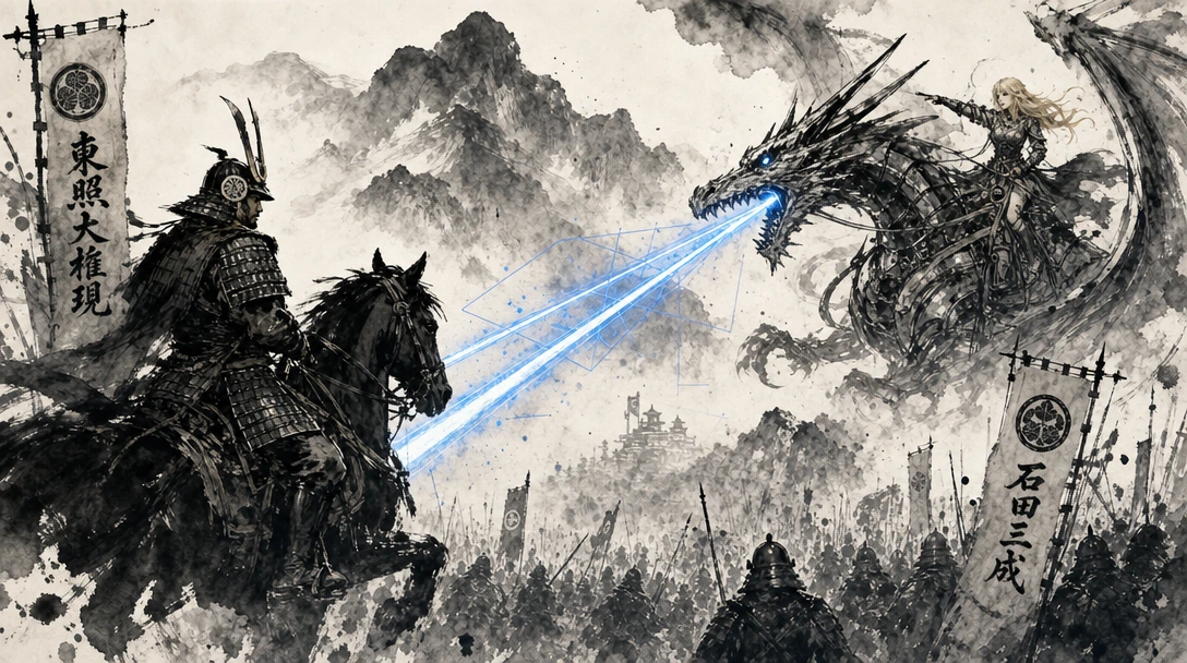 Battle of Sekigahara in sumi-e ink wash technique: Tokugawa Ieyasu in black samurai armour on horseback rendered with bold brushstrokes and negative space, facing Ishida Mitsunari as a blonde woman astride a steel dragon breathing electric blue laser
