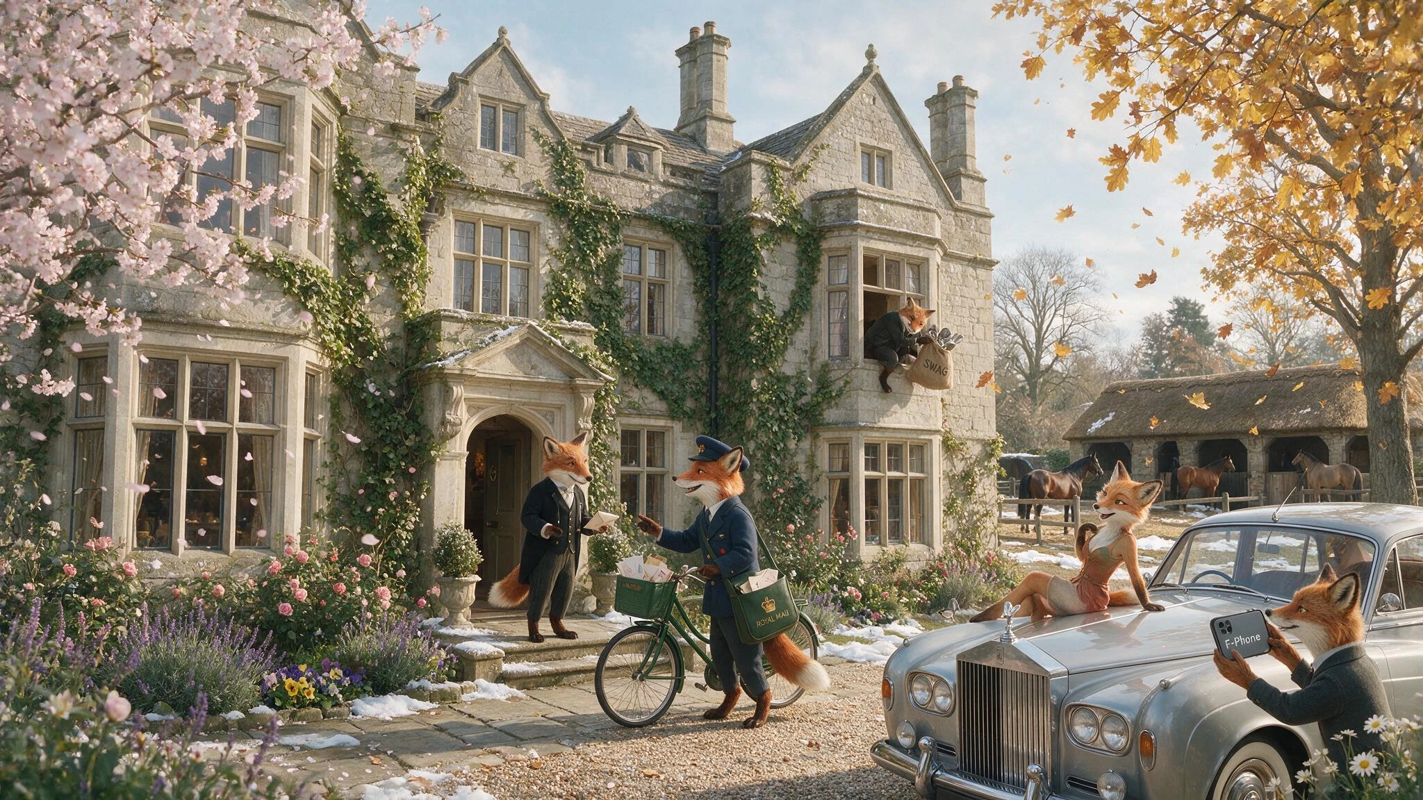 A fox delivering letters between seasons. #dailyspark An Andromorphic Fox dressed as a traditional British Postman is delivering letters to a grand manor house with a fine stable stocked with hunting horses. The Fox Postman chats amiably with the but