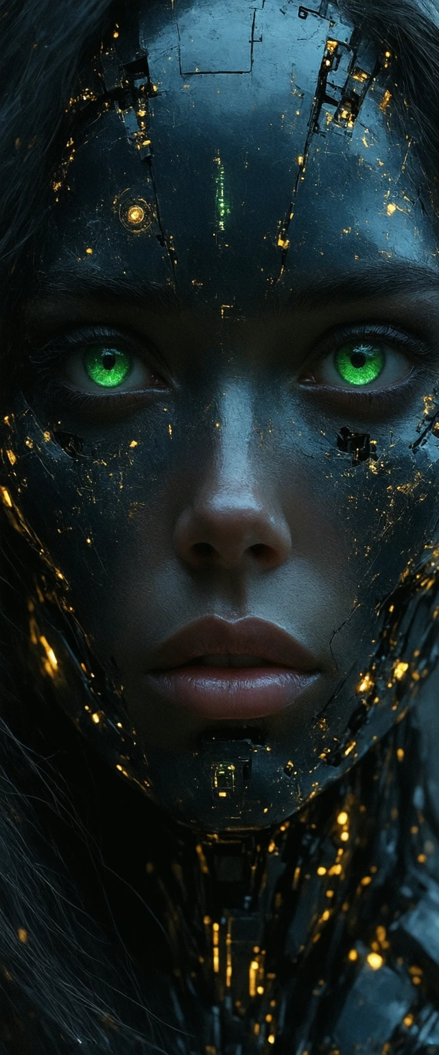 An ultra-long, narrow vertical portrait photograph with hyper-photorealism, focusing on a highly intricate female cyborg. The right side (her left) of her face features flawless, pore-level textured skin with natural freckles, fine lines, and realist
