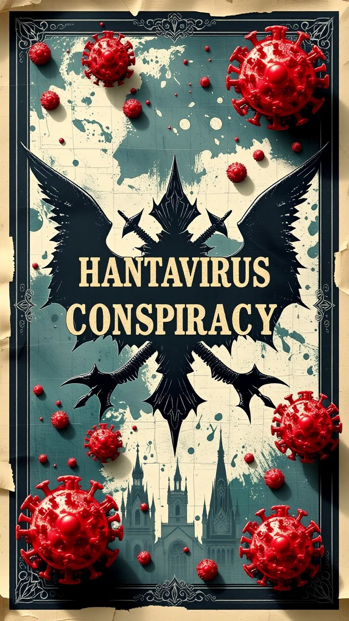 « HANTAVIRUS CONSPIRACY » written on a poster with virusses spreading globally