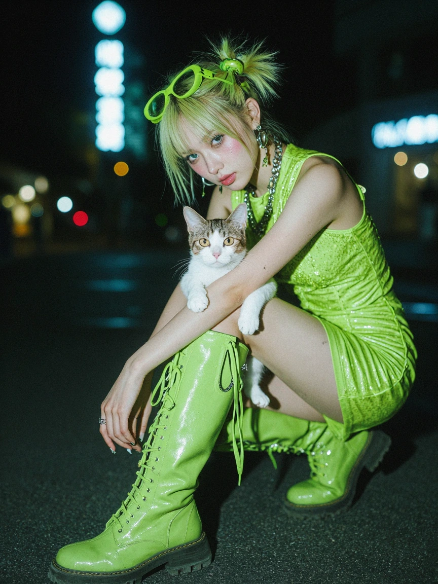 Neon green punk woman with her cat, cyberpunk city at night. Neon green, mini dress and boots.