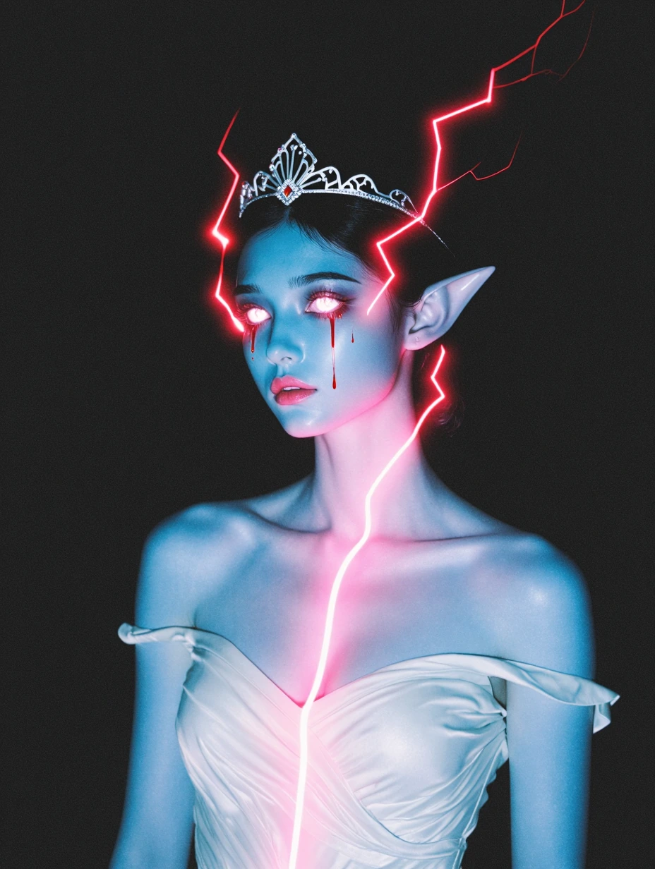 # Ethereal Power A striking illustration depicts an otherworldly figure with luminous blue skin and pointed elf-like ears, crowned with an ornate silver tiara. Her eyes glow with starlight, tears streaming crimson down her face. Vibrant red lightning
