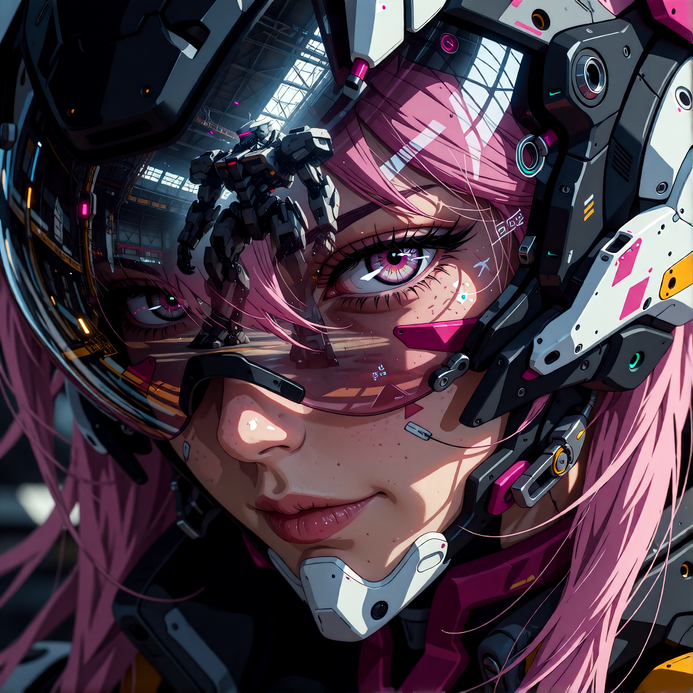 Create an extreme close-up cyberpunk mecha portrait focused almost entirely on the HEAD and HELMET of a beautiful young adult female pilot. The female