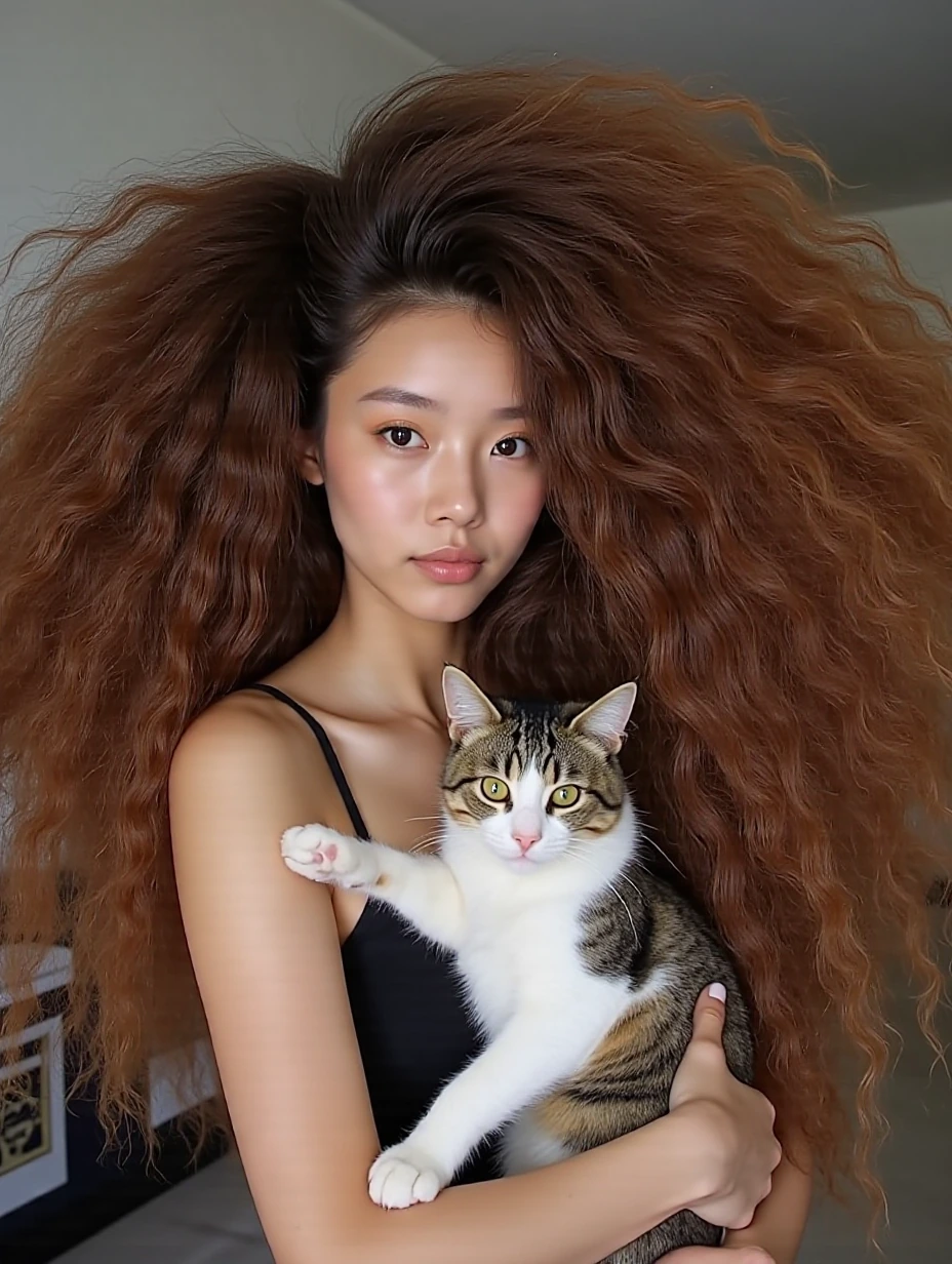 Beautiful woman huge hair, with a cat