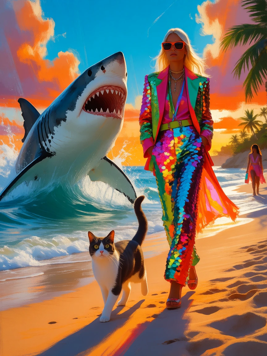 Fancy model trying her best to walk the runway right beside the beach when a huge great white shark jumps up and scares her. She is with a cat that also could scared.😂 this has got to be the worst prompt ever!🤔 oh and try to make it colorful and a li
