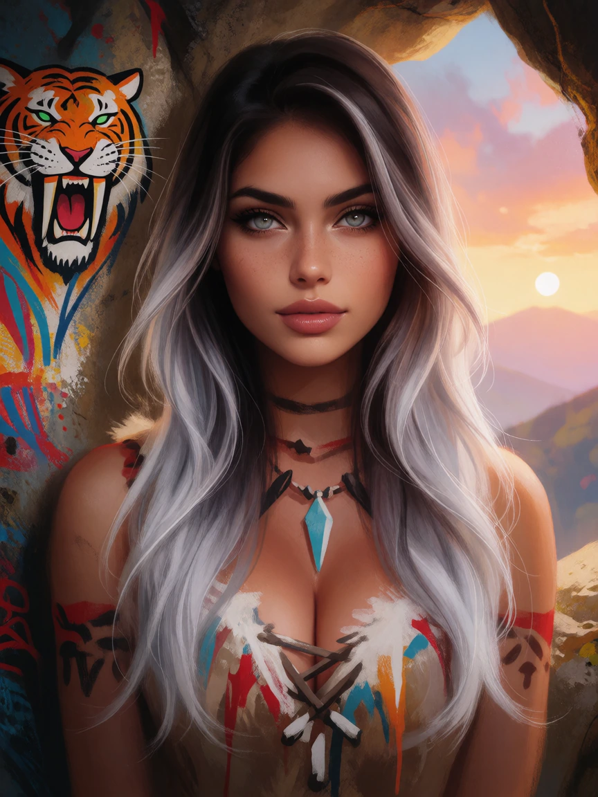 Gorgeous woman silver brown ombre hair, cave woman , cave graffiti, saber tooth tiger. Sunset view