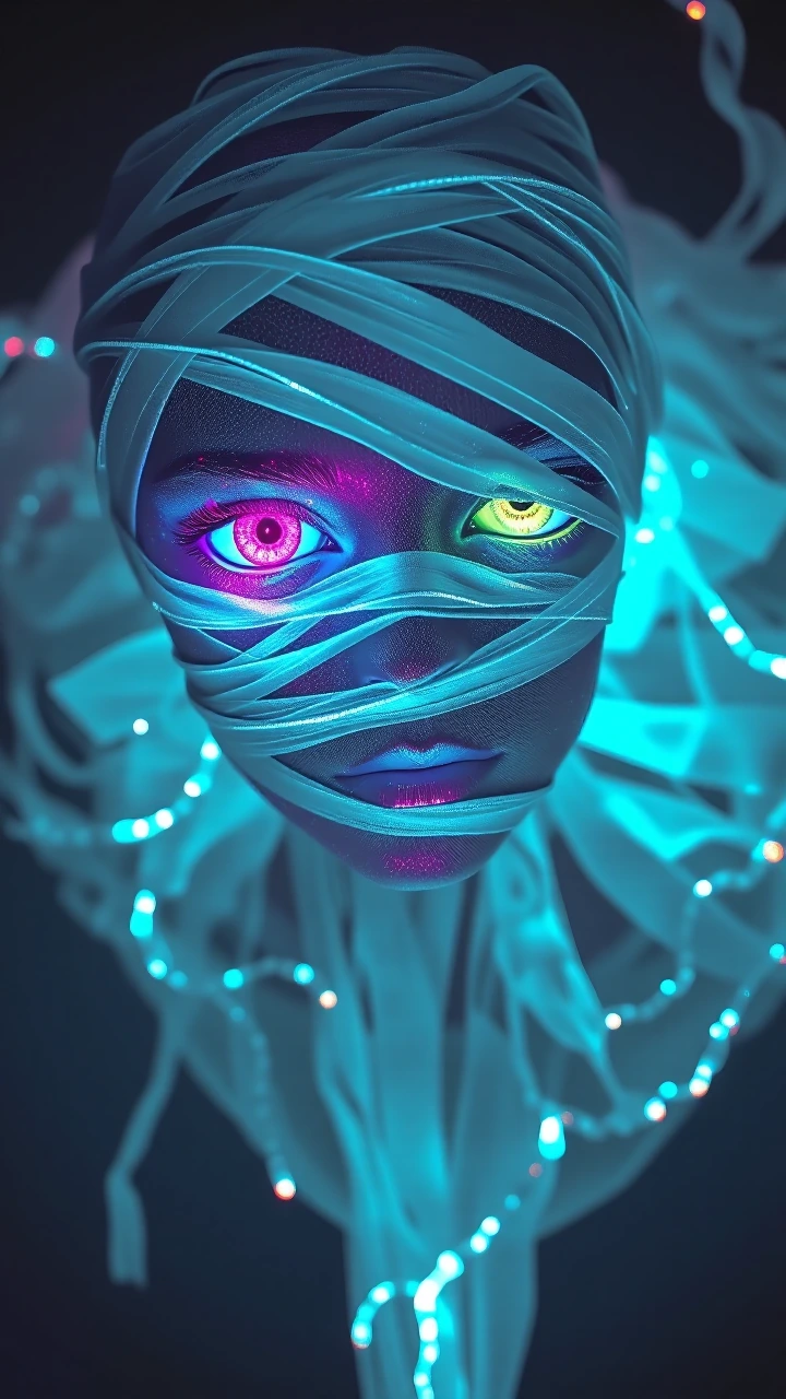 A semi-translucent, ethereal figure in a dark, surreal, dreamlike void. Details: - The figure has a hauntingly beautiful face wrapped in faint bandage
