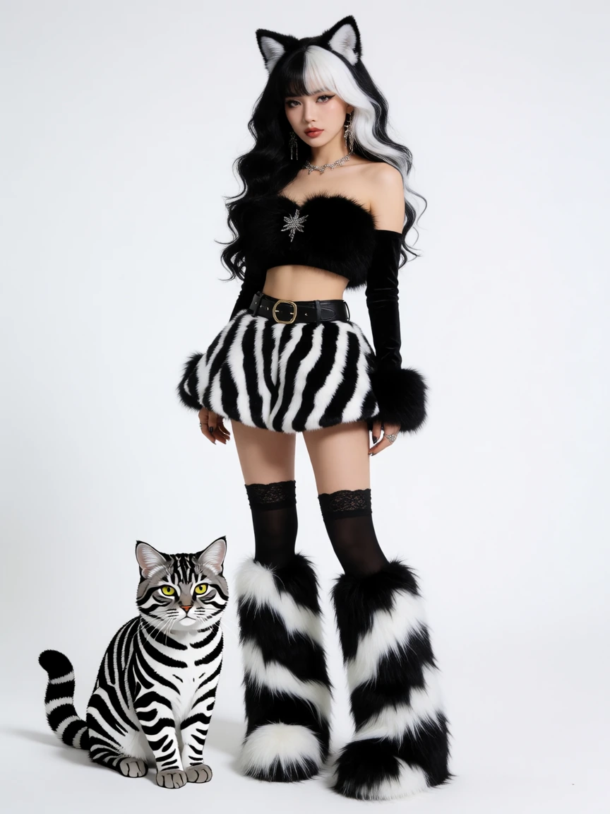 Gorgeous zebra style outfit with miniskirt and fluffy leg warmers. Woman black white hair with a zebra cat hybrid