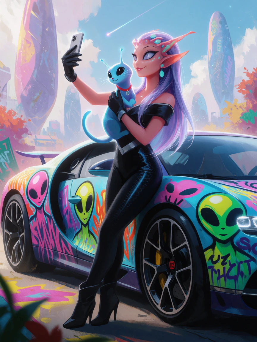 Aliencore, beautiful woman alien, taking a selfie with her alien cat buy her alien graffiti themed Bugatti. Beautiful sci-fi background