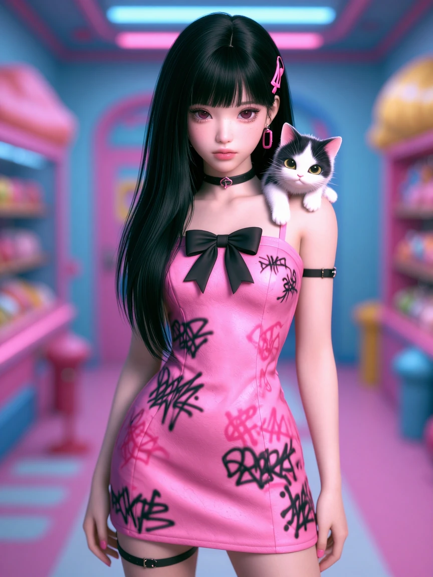 Cute K-pop girl black pink hair, minidress covered with pink graffiti and a bid side bow , cat on shoulder , airbrushed anime, candy store background