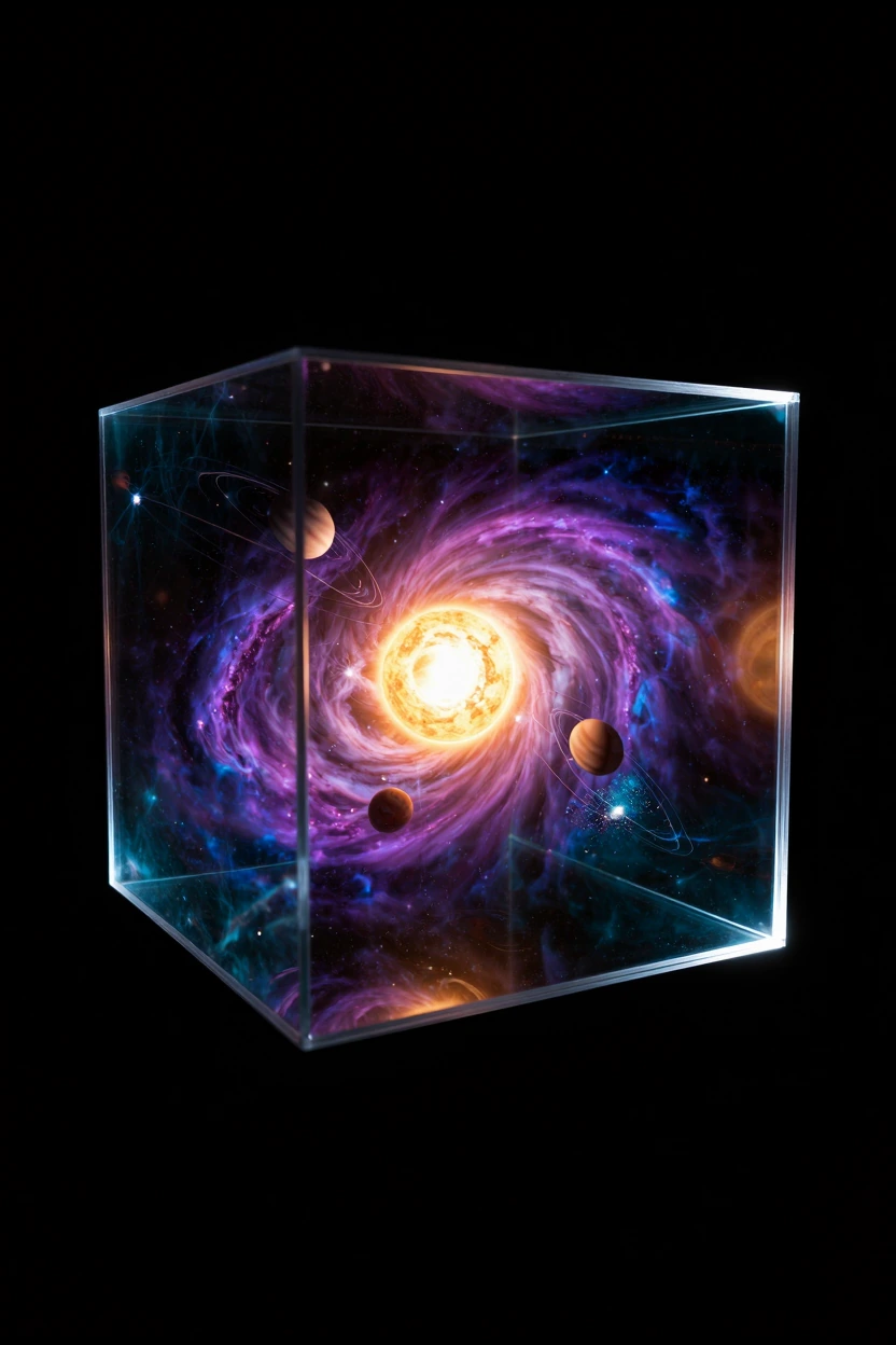 Floating in the absolute void of infinite black space, a perfectly transparent glass cube hovers in sharp focus, its crystalline walls catching no light from outside — because outside holds nothing, pure emptiness, total vacuum darkness. Inside the c