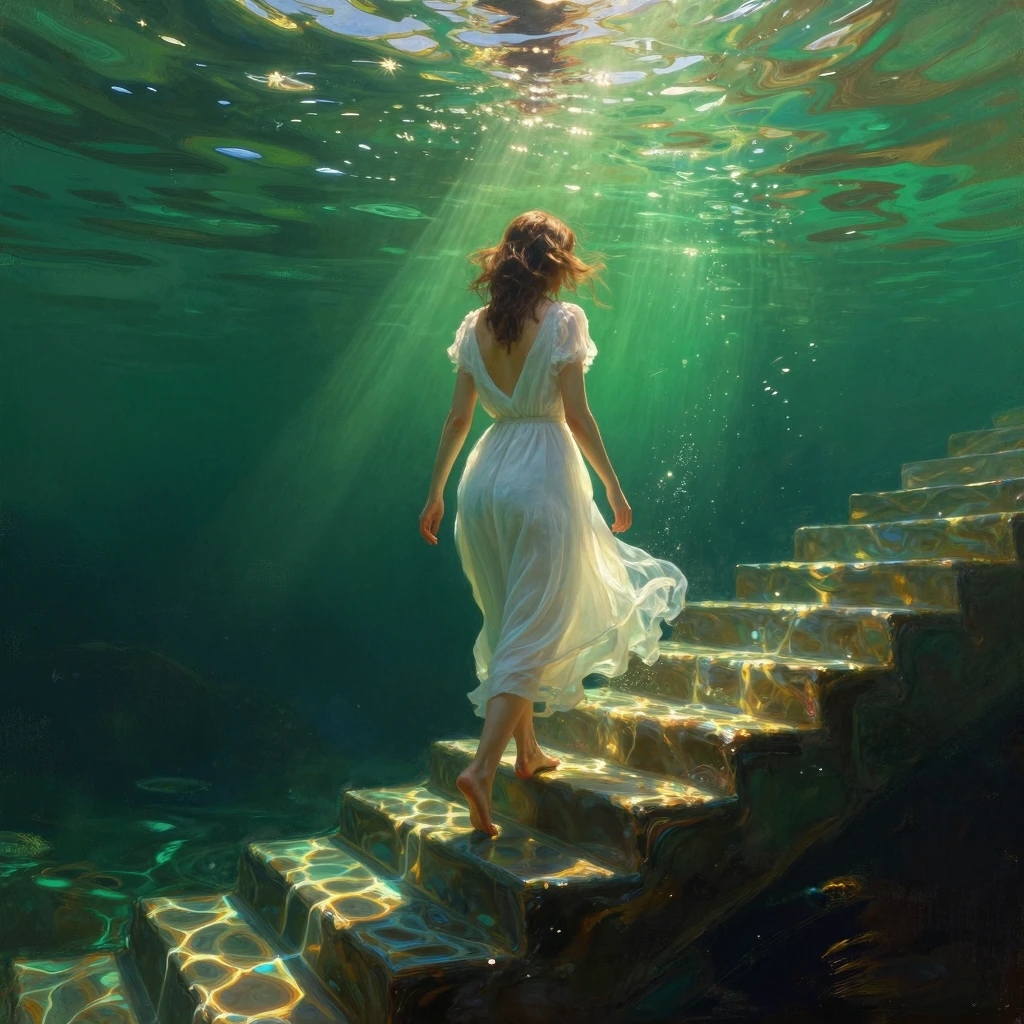aesthetic 11, digital_media_(artwork), painting_(artwork), impressionistic, dreamy, surreal. A poetic painting of a woman in a flowing white dress walking barefoot up shimmering underwater steps. Sunlight dances across the waterâs surface, creating
