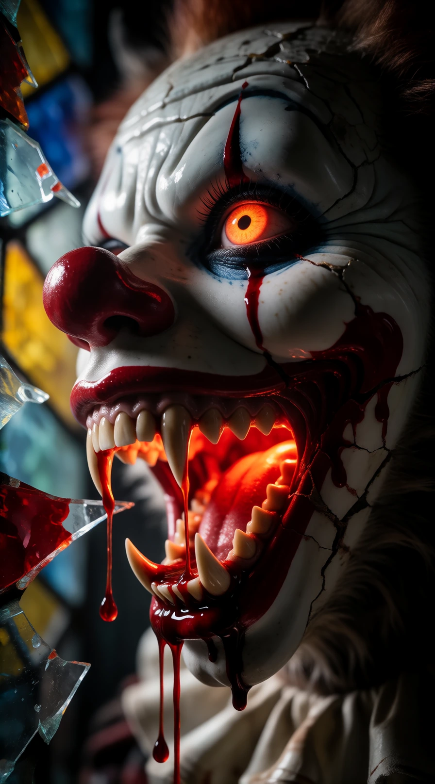 " Create an ultra-realistic demonic porcelain clown doll transforming into a terrifying werewolf. This image must be intricately detailed and designed to invoke a sense of terror and dread. Long, razor-sharp fangs are dripping fresh, bright red blood
