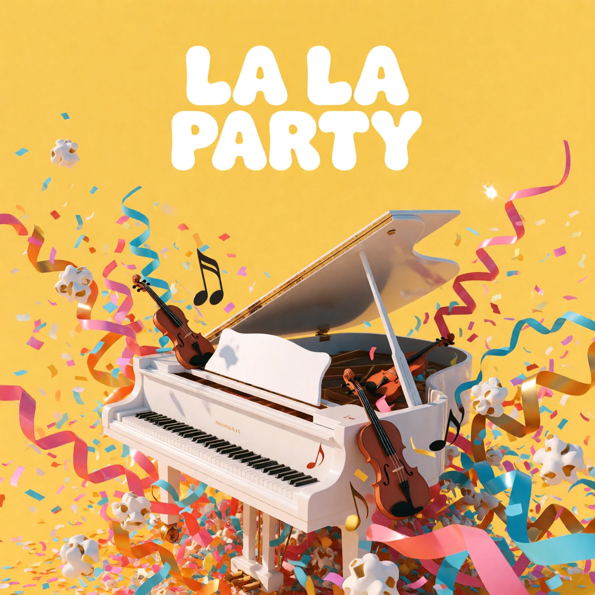 Playful album cover art, exploding burst of colorful confetti and streamers frozen mid-air against a bright sunshine yellow background, a white grand piano tilted at a fun angle with pizzicato music notes and tiny violins bouncing out of it like popc
