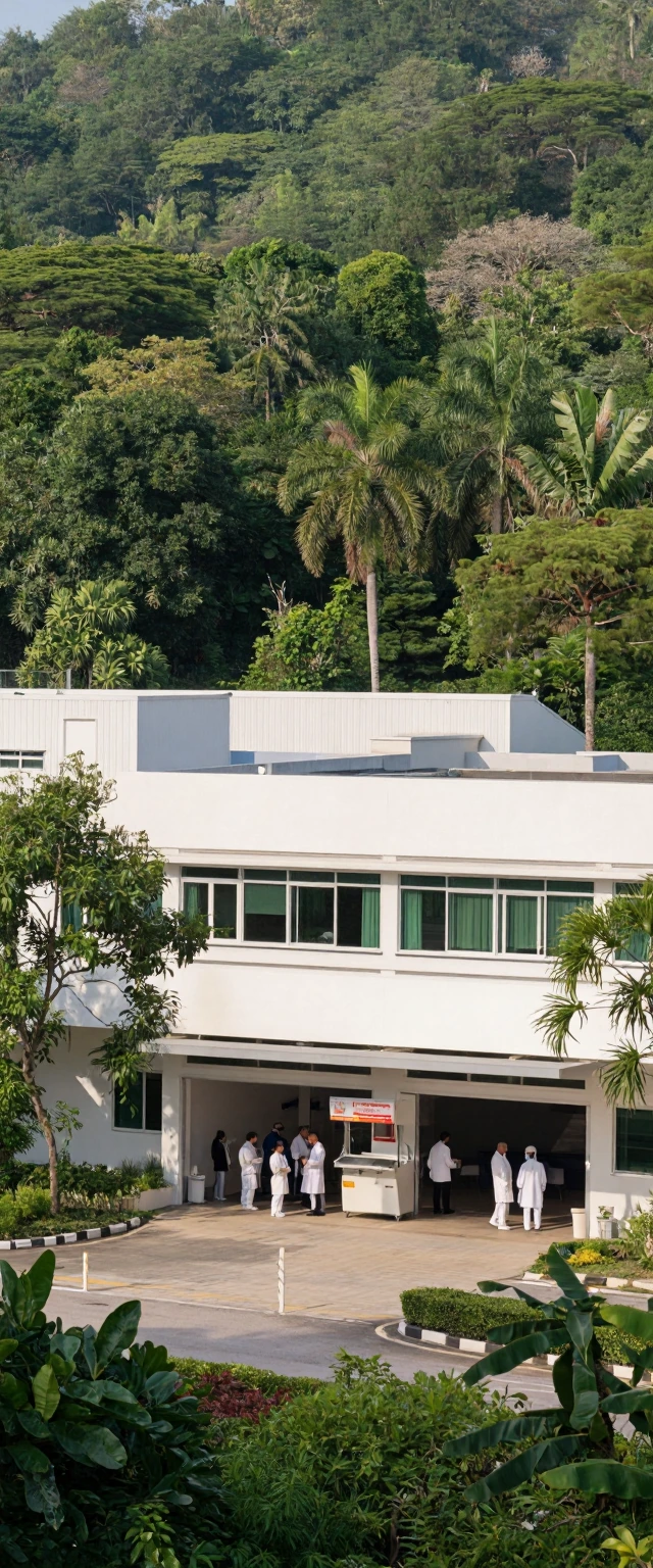"view perspective entrance facade with garage of modern Hospital a single story with 1 level each, with white wall color and windows,groups of people, doctors, nurses, emergency entrance. flat Land with Tropical Forest with a variety of trees, tropic