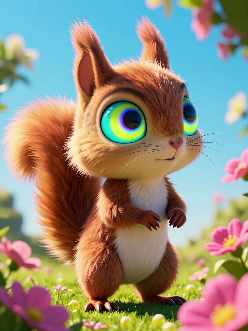 Create a 3D dynamic image of He-Man with a squirrel head. The squirrel's fur is fluffy, incredibly lifelike, and kissed by warm spring sunlight, as if
