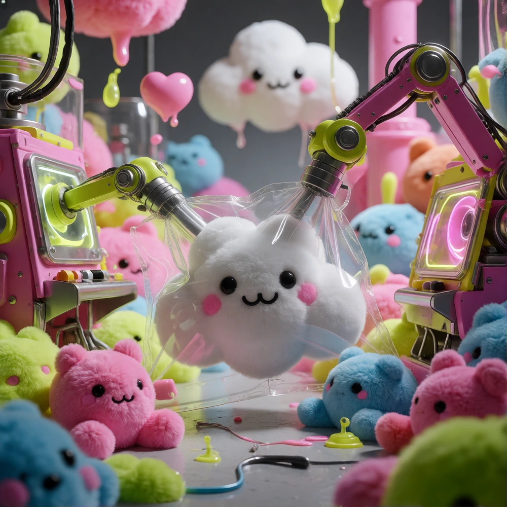 whimsical chaotic squishy toy factory, conveyor belts overflowing with neon colored plush toys and slime, giant mechanical arms stuffing clouds into plastic wrappers, vibrant candy-colored industrial machinery, playful atmosphere, 3d render, octane, 