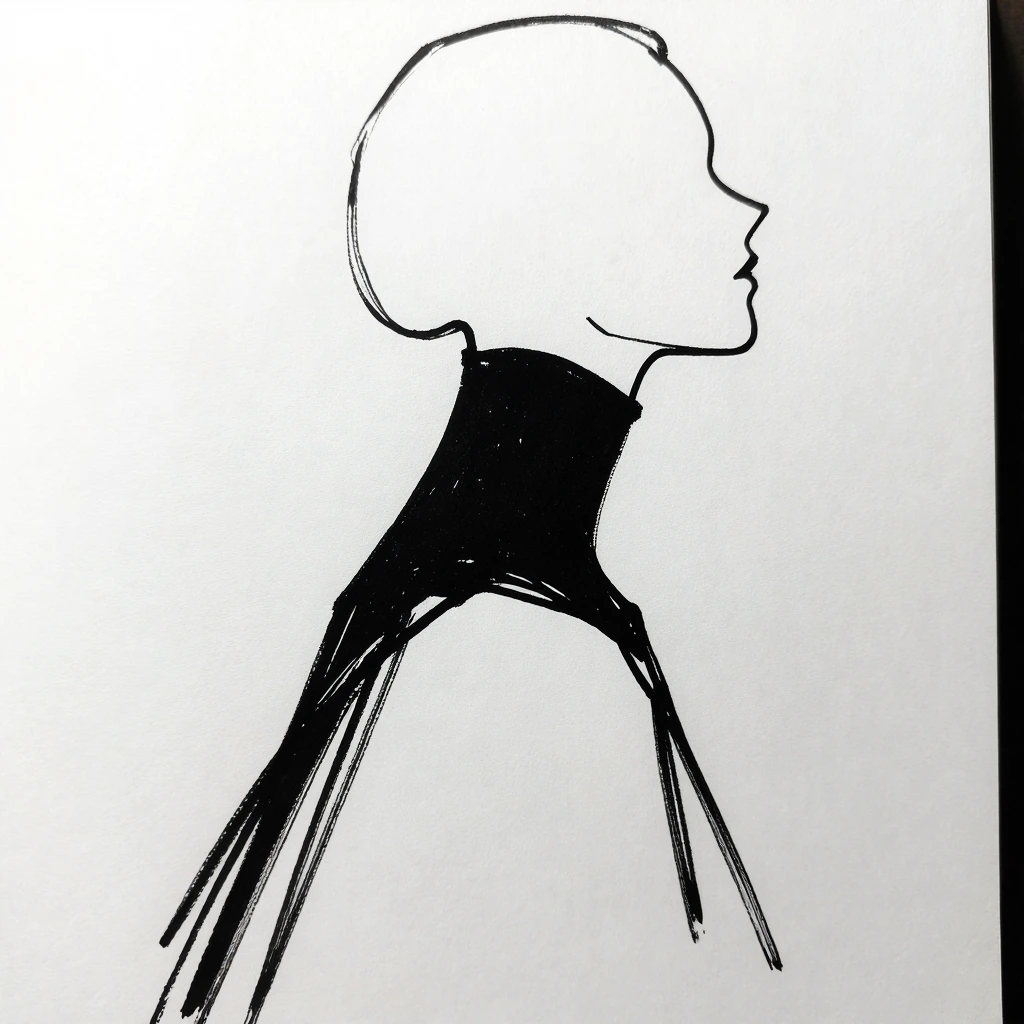 Minimalist black and white sketch of an elegant woman in profile, sharp ink lines capturing the curve of her neck and jawline against negative space, haute couture silhouette with dramatic high-necked collar, pen strokes suggesting luxurious fabric d