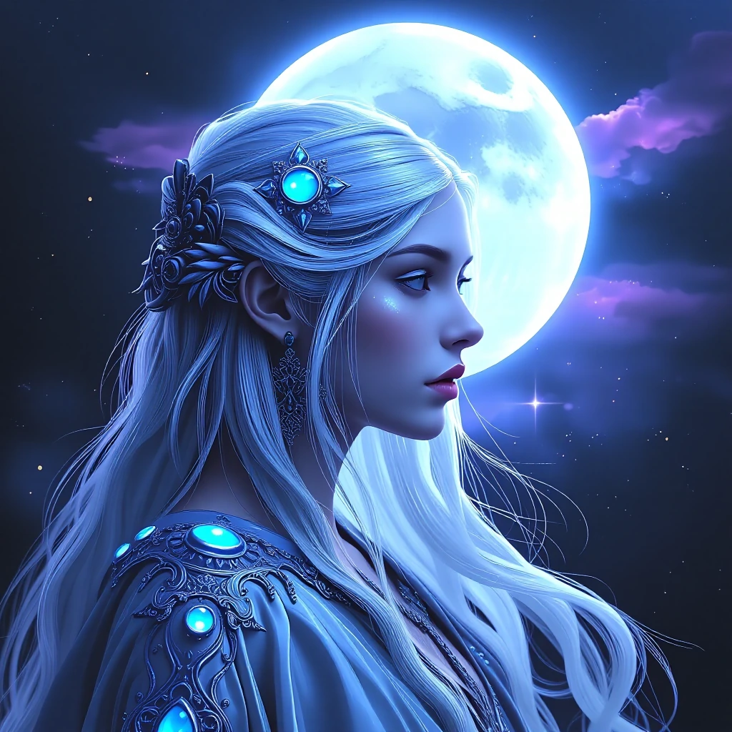close-up whimsical hyperrealistic half-body portrait of a ethereal moon Goddess, filling most of the image, elegant long flowing silver hair, dressed in ethereal sky blue gown adorned with moonstones, oversized glowing full-moon directly behind her h