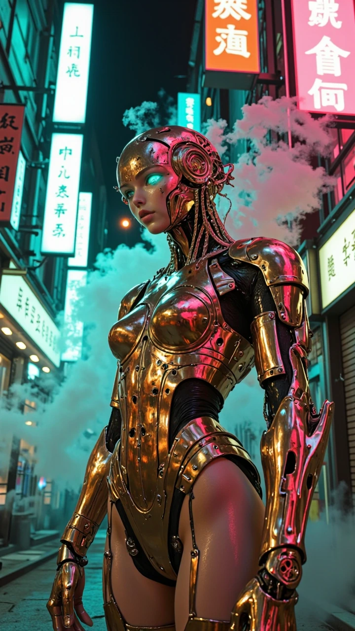A hyper‑real female humanoid hybrid stands in a neon‑soaked alley at night, her body a seamless fusion of living machinery and warm fantasy brass. Ultra‑detailed textures: flexible mechanical skin with pores, brass musculature that moves like real mu