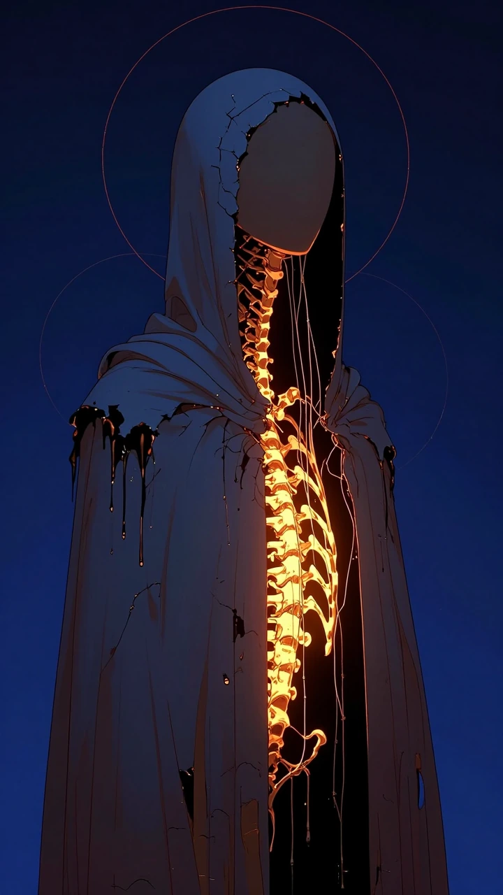 A cinematic portrait of a humanoid entity with no face, only a smooth matte surface cracked open vertically, revealing a glowing internal spine made of pulsating amber light. Thin wires emerge from the fissure, twitching like living veins. The figure