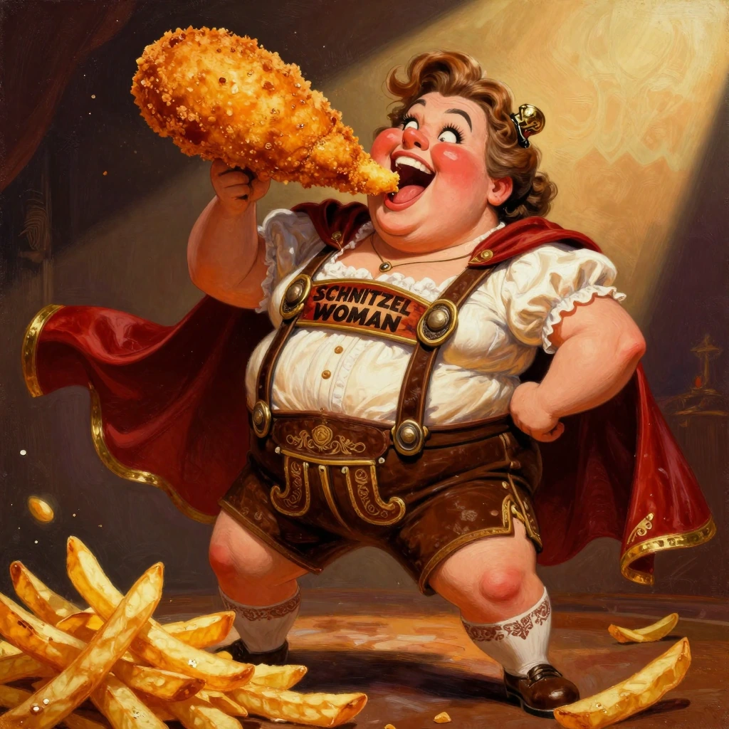 Exaggerated caricature illustration, rotund woman with comically oversized proportions, voluminous curves rendered in warm peachy tones, wearing traditional Bavarian lederhosen in rich chocolate brown leather with ornate embroidered details, cream-co