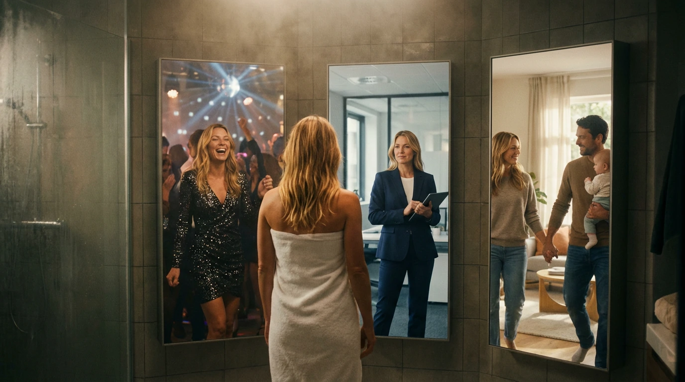 Beautiful tanned skinned blonde young hot woman stands with her back to the camera in a bathroom in front of three floor to ceiling mirrors wearing a towel. Each mirror shows a different version of the woman, firstly she is dressed to party and is th
