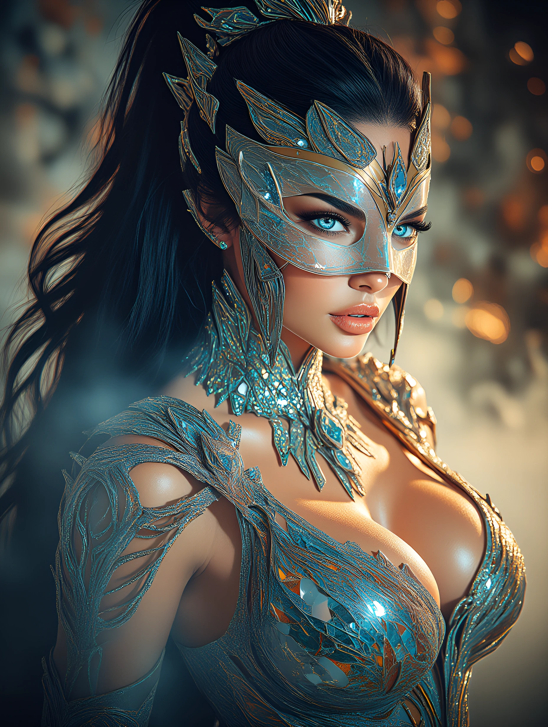 Massive Cleavage, ultra-curvy, raven hair flawless face with piercing icy blue eyes that reflect light like crystals, raven haired beautiful woman Ultra-Curvy, glossy skin, elaborate high ponytail hair, blue eyes, costume made from reflective mirror 