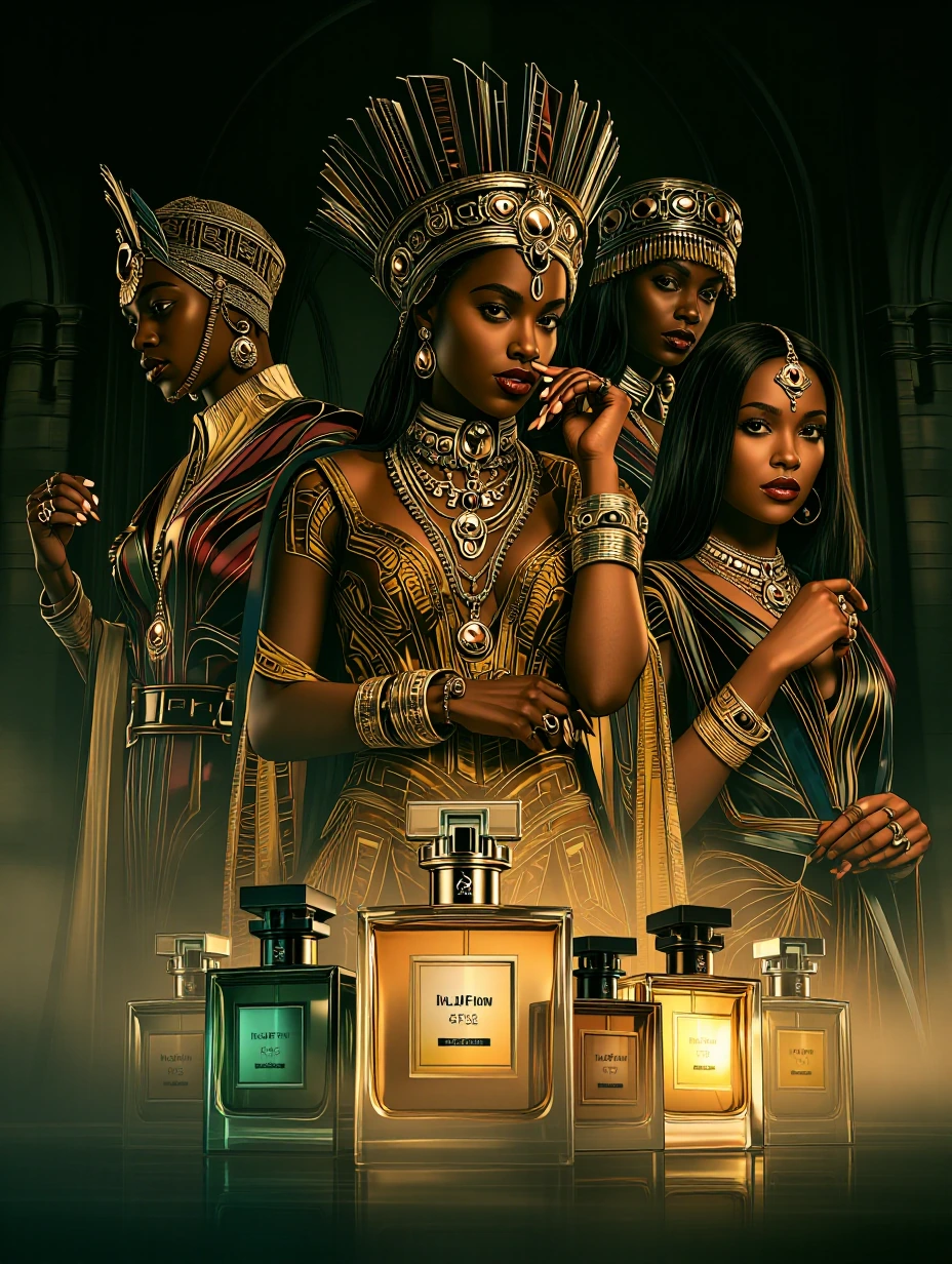 a Perfume advert, different outfits, English branding, various poses, massive amount of jewellery Image