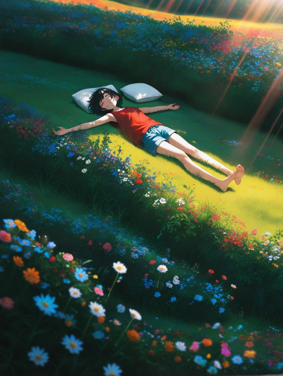 masterpiece, best quality, amazing quality, 1girl, solo, short hair, shirt, black hair, closed eyes, flower, outdoors, lying, shorts, sleeveless, bare