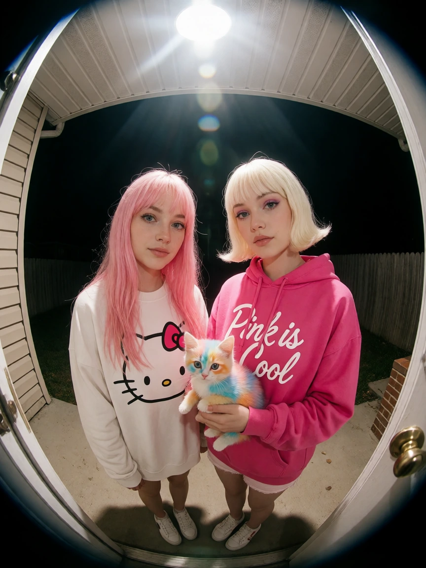 masterpiece, best quality, score_9, score_8, score_7, score_6, realistic photo, A view through a door's peep hole, fish eye, a caucasian woman, 22 yea