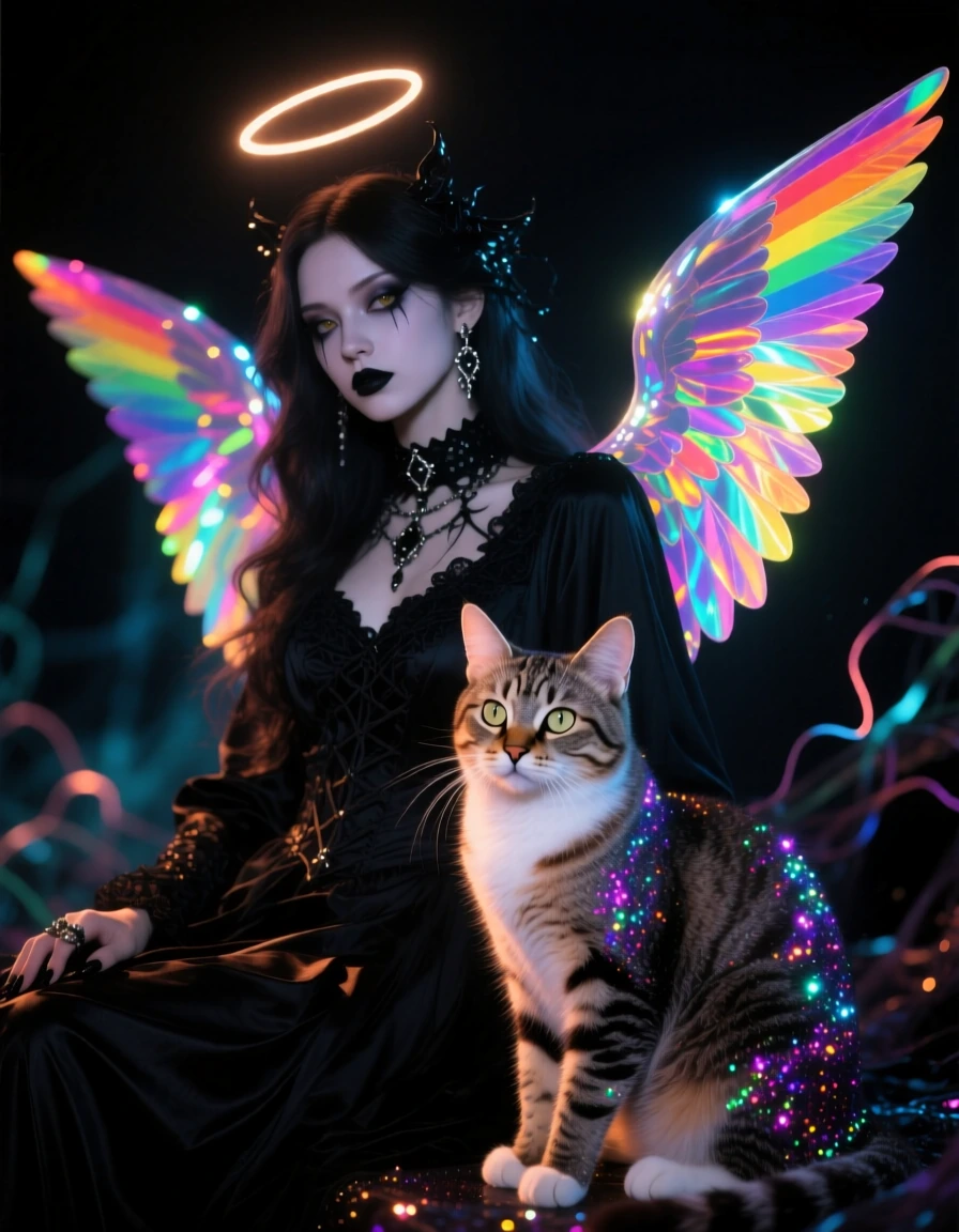 Iridescent rainbow angel, goth, with a cat
